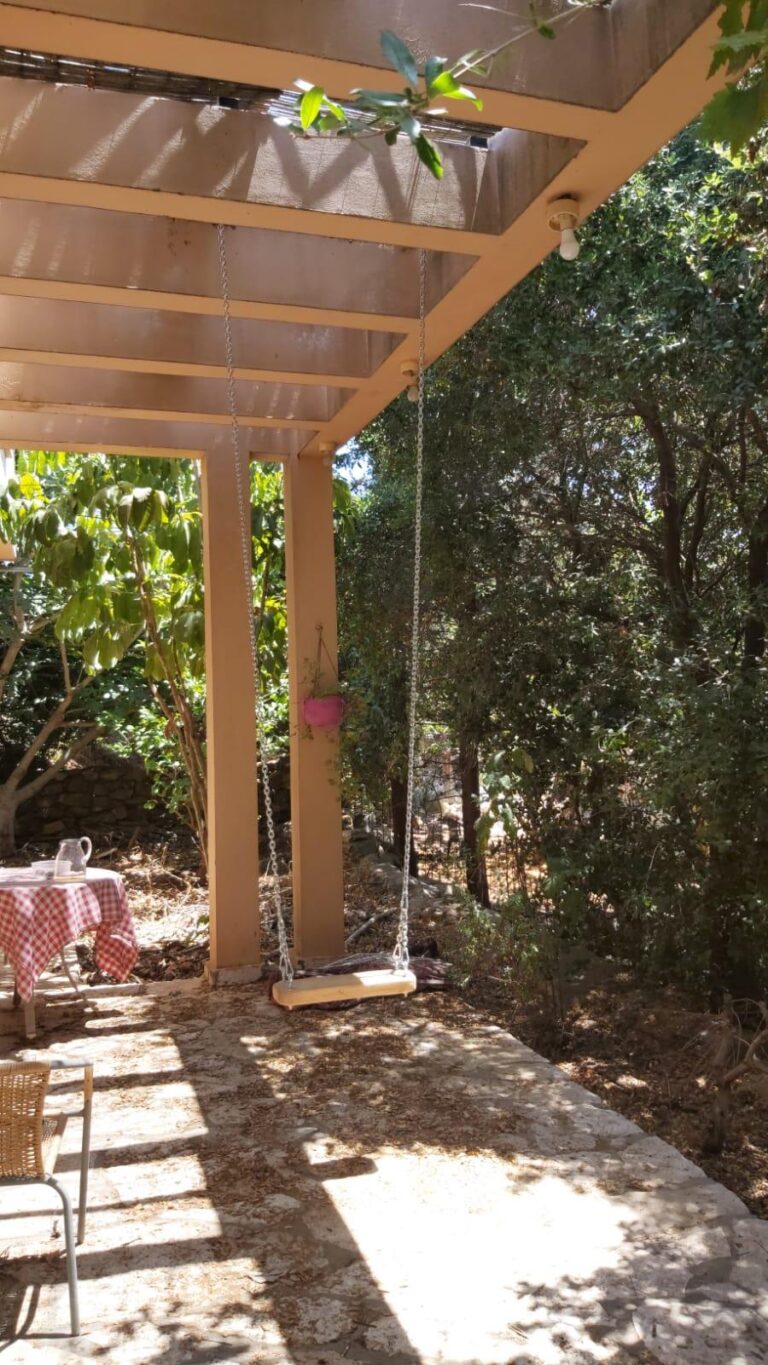 נדנדה שנבנתה בחצר, מתחת לפרגולה